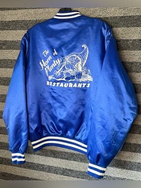 Vintage 80’s Swingster The Horn of Plenty Restaurants Blue Satin Bomber Jacket L